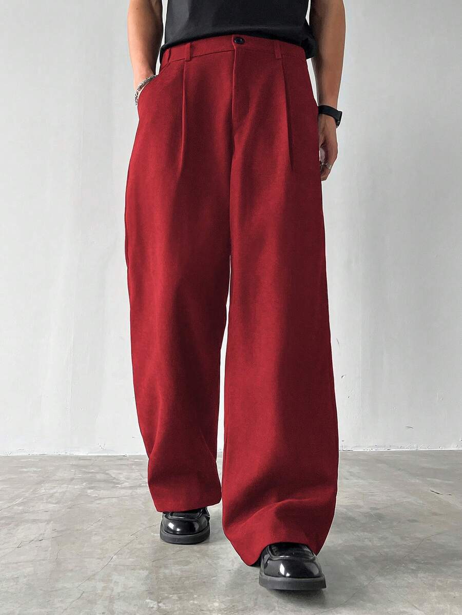 Claim Dot Men's Thick Wide Leg Pants, Solid Color With Pockets, Pleated, Loose Fit, Autumn