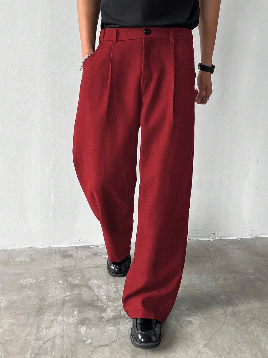 Claim Dot Men's Thick Wide Leg Pants, Solid Color With Pockets, Pleated, Loose Fit, Autumn