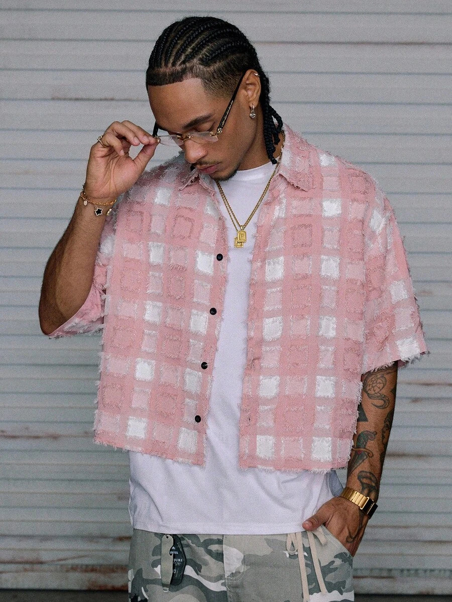 Men's Plaid Woven Short Sleeve Cropped Shirt