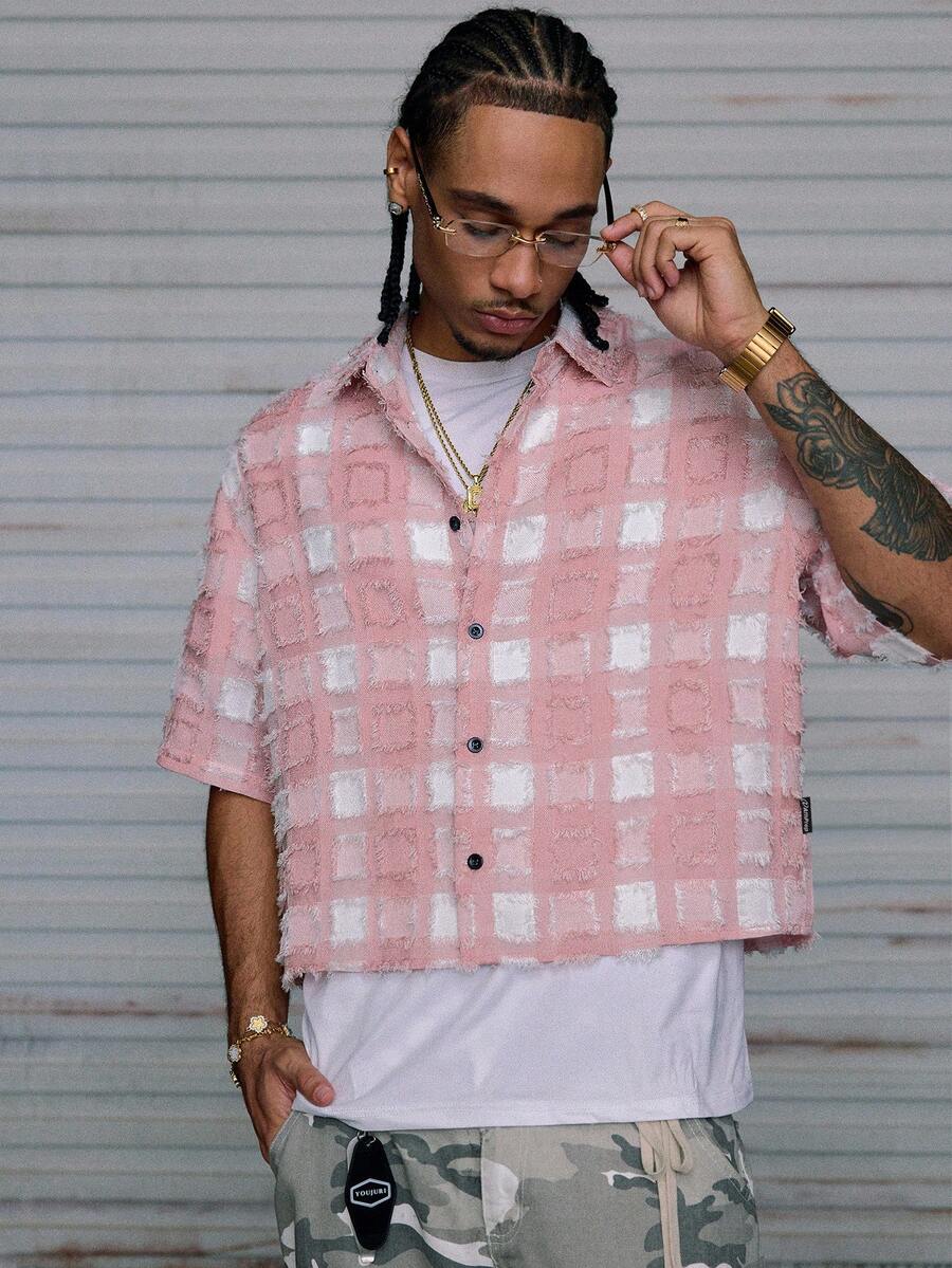 Men's Plaid Woven Short Sleeve Cropped Shirt