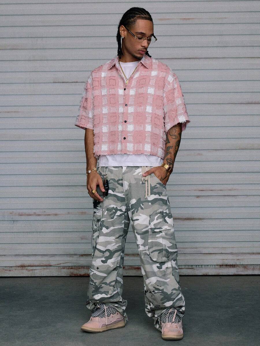 Men's Plaid Woven Short Sleeve Cropped Shirt