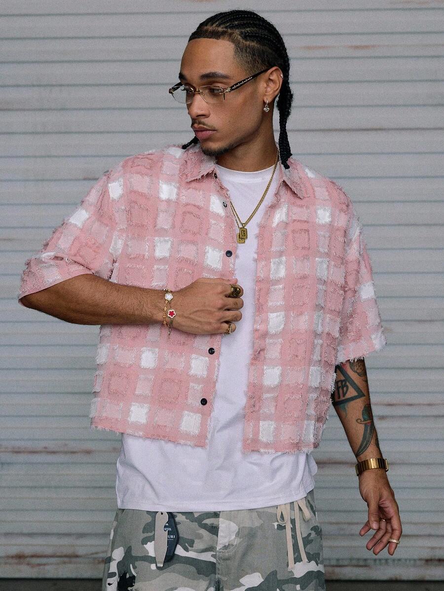 Men's Plaid Woven Short Sleeve Cropped Shirt