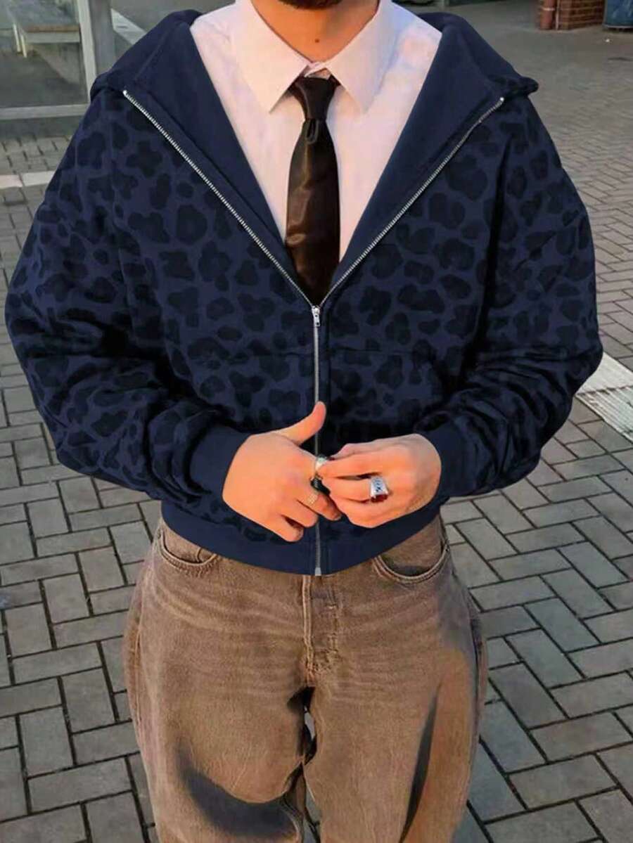 Leopard Print Casual Loose Fit Zip-Up Hoodie