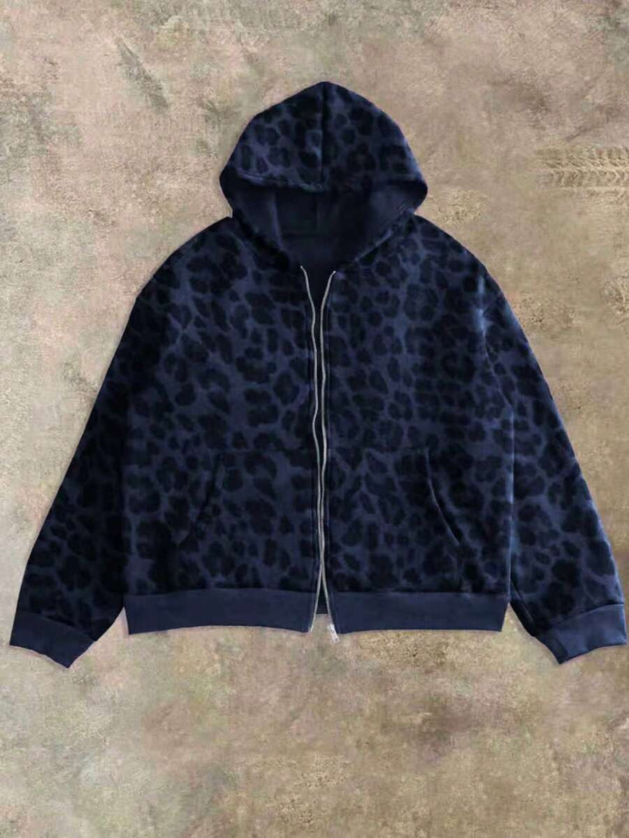 Leopard Print Casual Loose Fit Zip-Up Hoodie