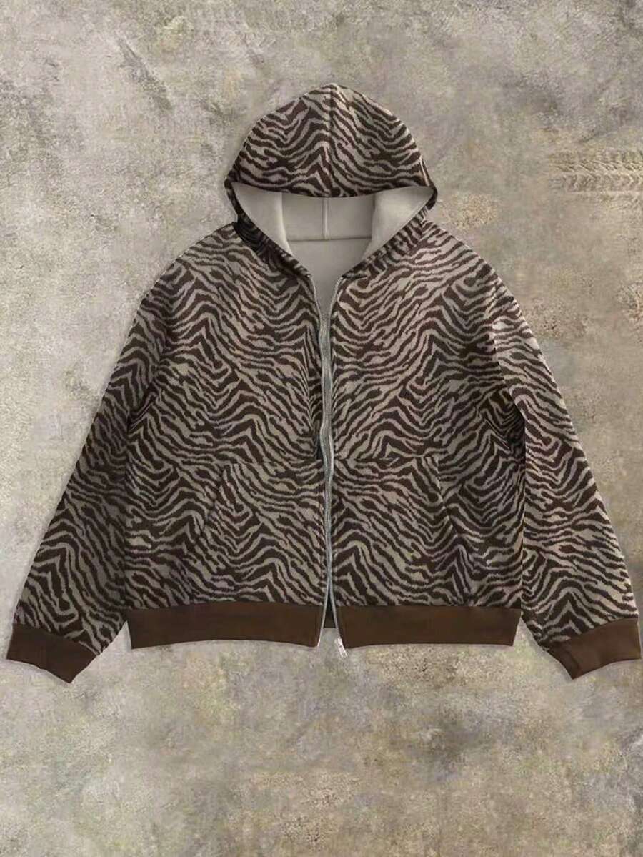 Leopard Print Casual Loose Fit Zip-Up Hoodie
