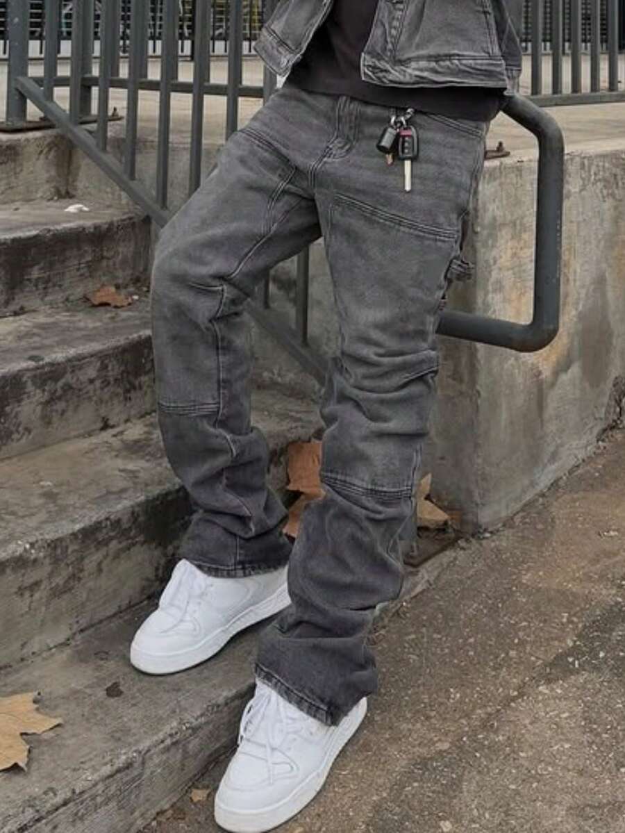 Men's Washed Solid Black & Grey Elastic Patchwork Straight Loose Y2K Denim Jeans