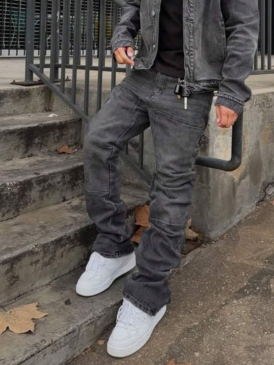 Men's Washed Solid Black & Grey Elastic Patchwork Straight Loose Y2K Denim Jeans