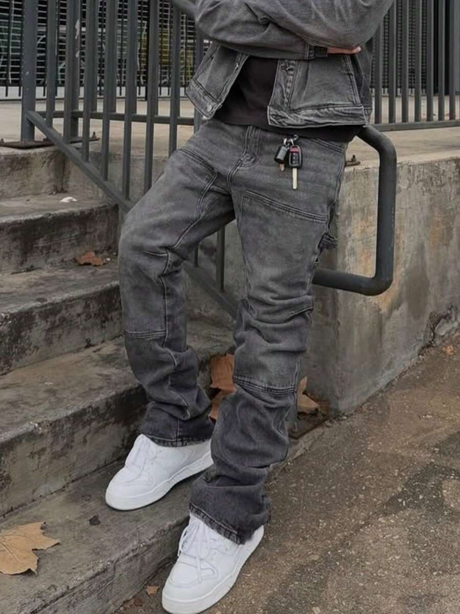 Men's Washed Solid Black & Grey Elastic Patchwork Straight Loose Y2K Denim Jeans