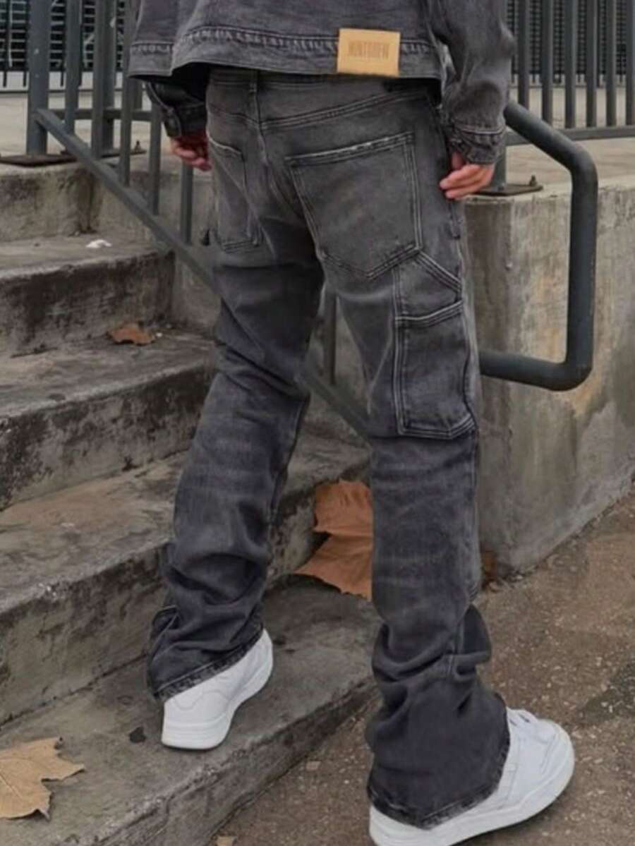 Men's Washed Solid Black & Grey Elastic Patchwork Straight Loose Y2K Denim Jeans