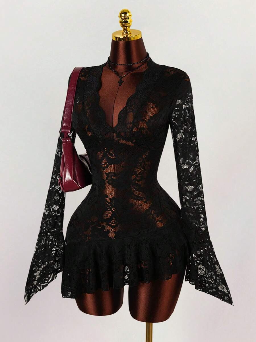 Sheer Low-Cut Hippie Style Mini Dress