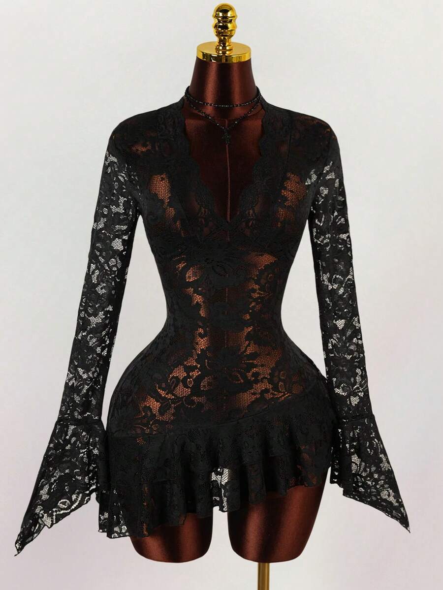 Sheer Low-Cut Hippie Style Mini Dress