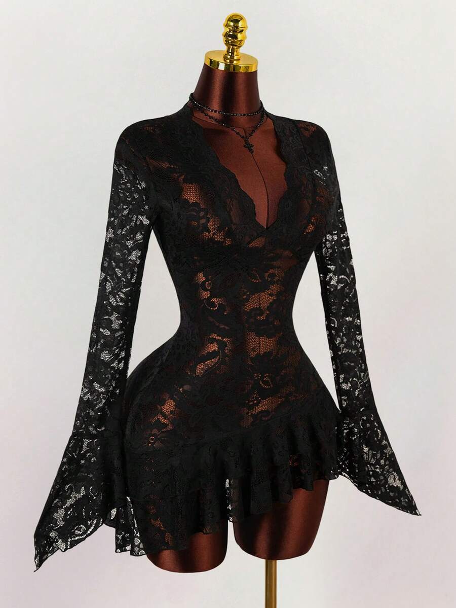 Sheer Low-Cut Hippie Style Mini Dress