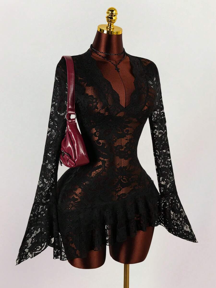 Sheer Low-Cut Hippie Style Mini Dress