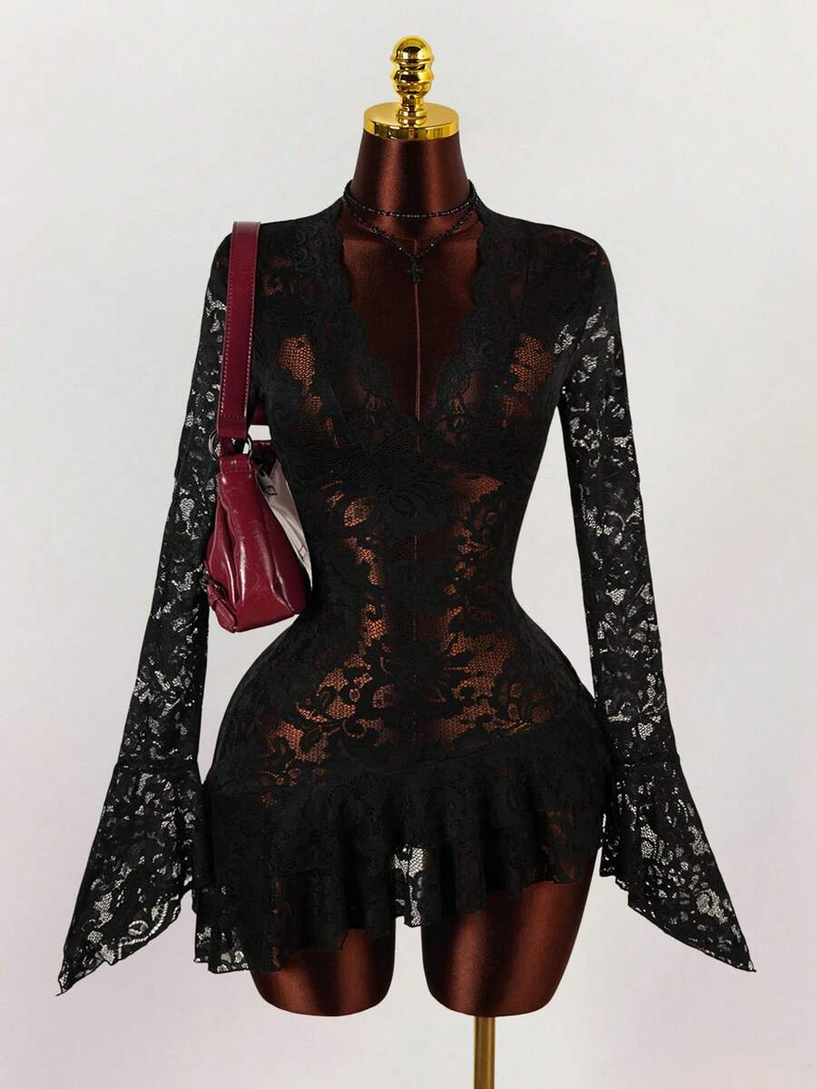 Sheer Low-Cut Hippie Style Mini Dress
