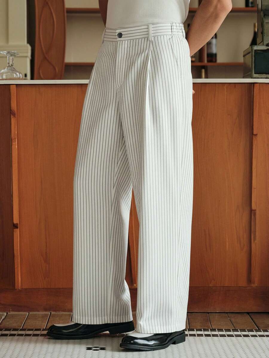 Men's Striped Print Fold Pleated Business Casual Dress Pants