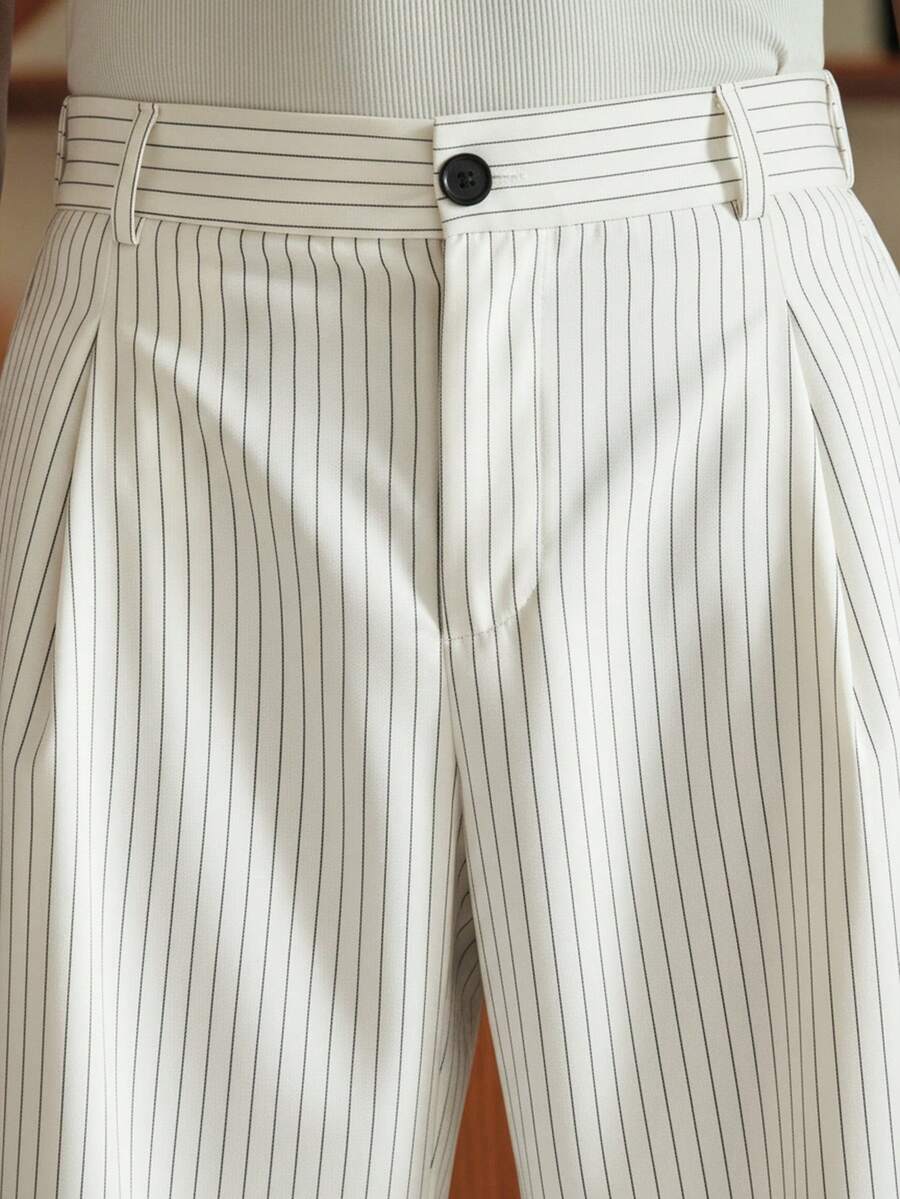 Men's Striped Print Fold Pleated Business Casual Dress Pants