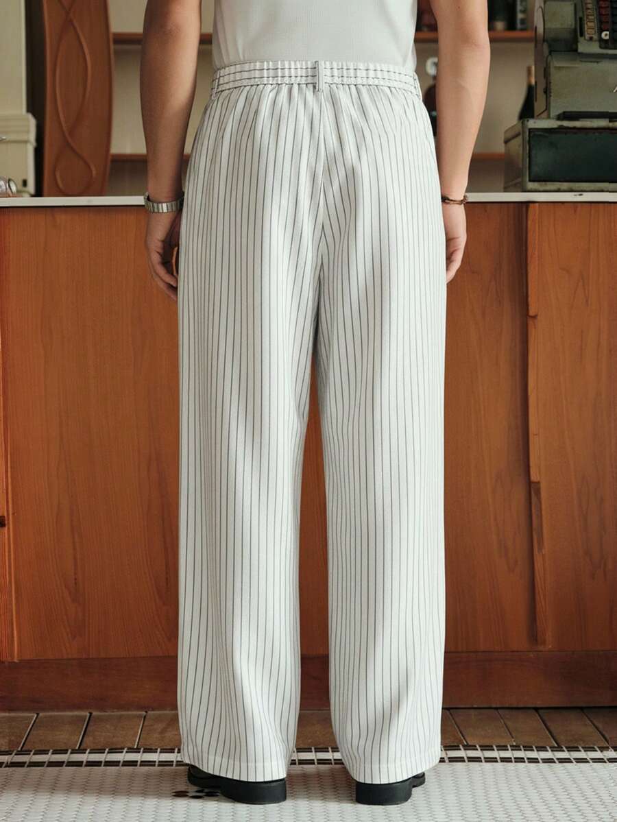 Men's Striped Print Fold Pleated Business Casual Dress Pants