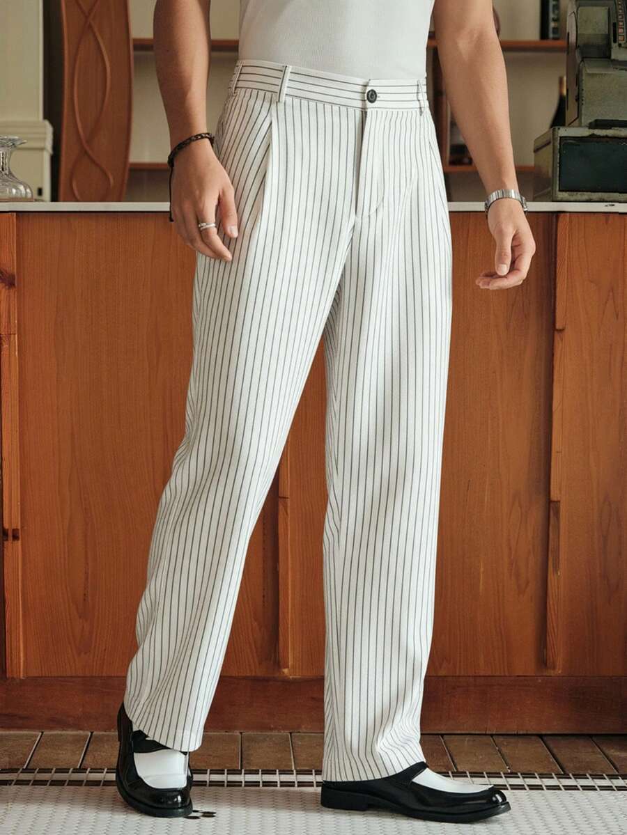 Men's Striped Print Fold Pleated Business Casual Dress Pants