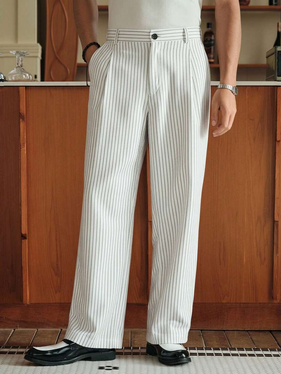 Men's Striped Print Fold Pleated Business Casual Dress Pants