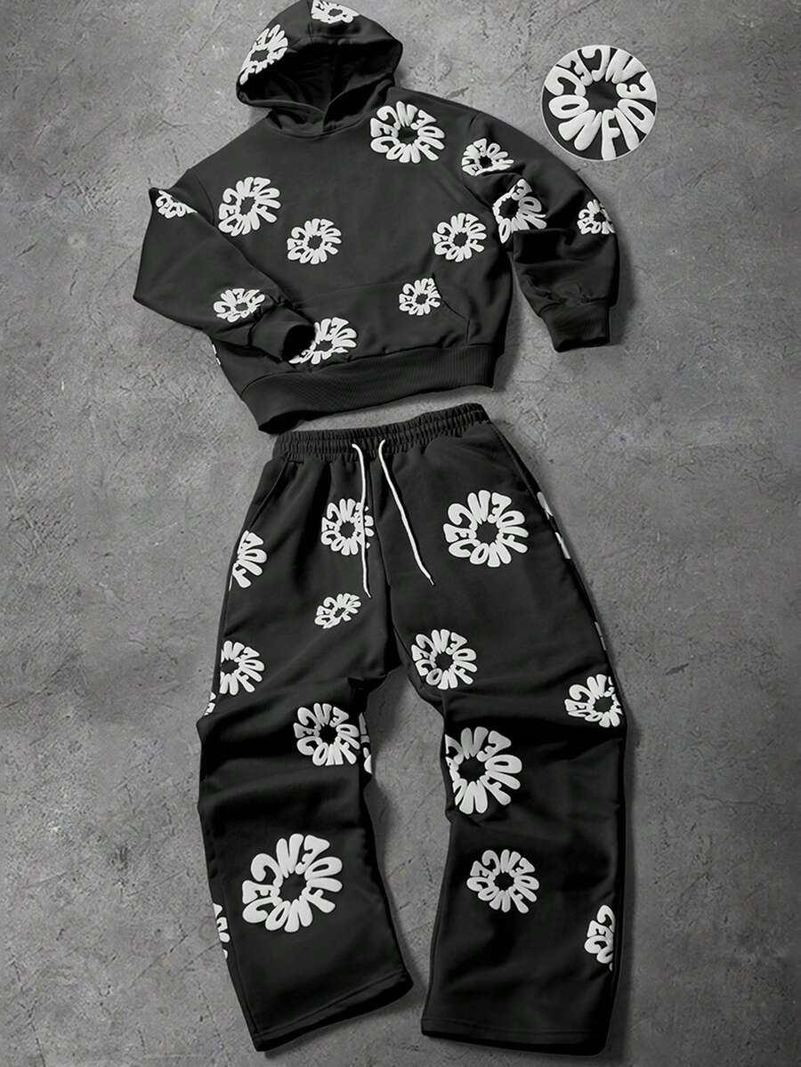 Men's Letter Print Hoodie And Sweatpants Set