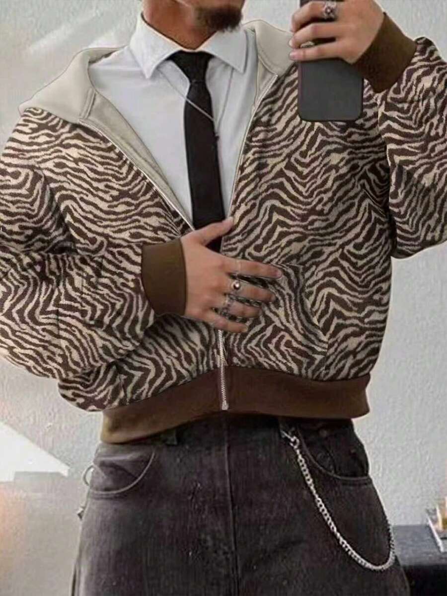 Leopard Print Casual Loose Fit Zip-Up Hoodie