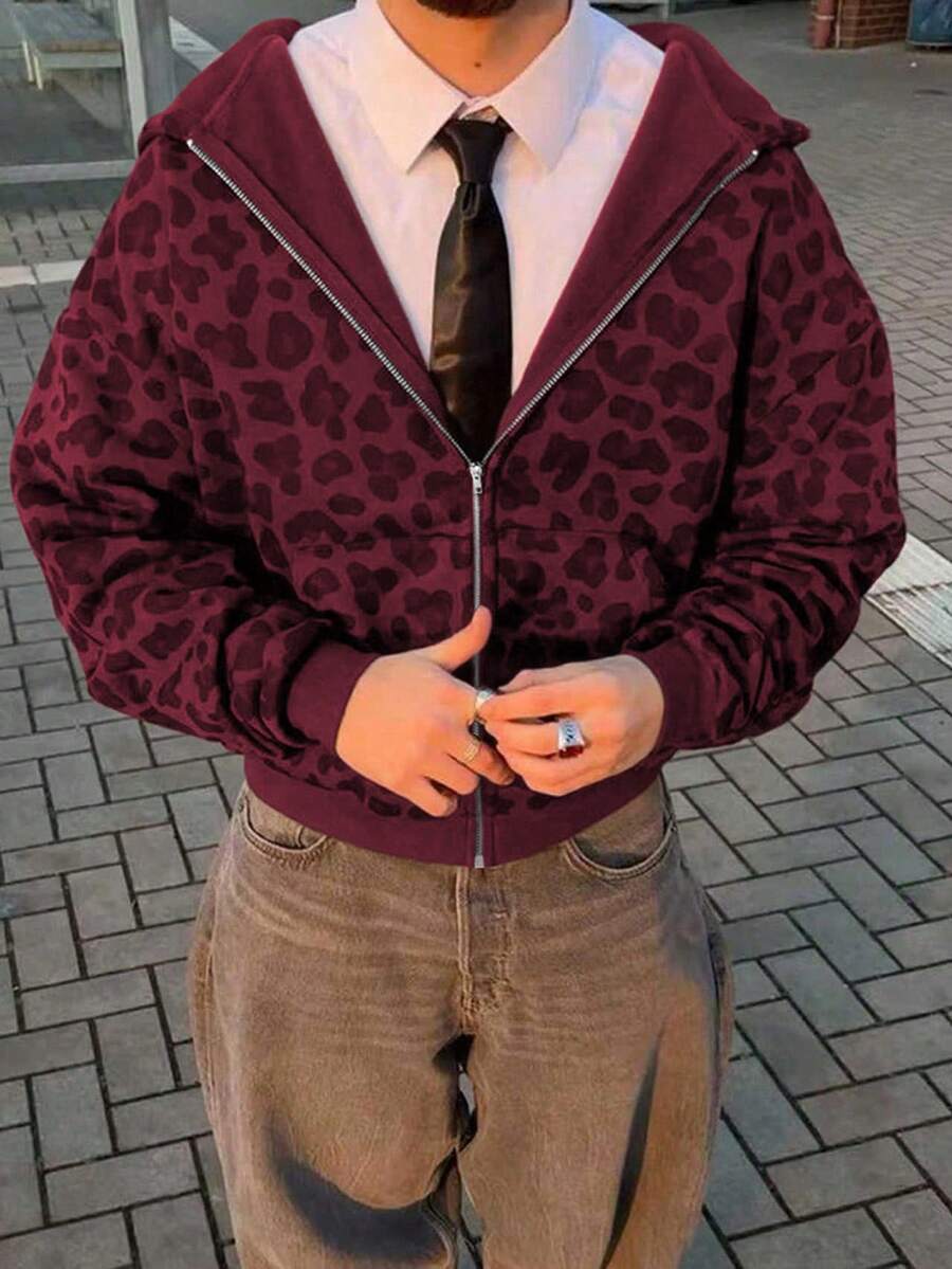 Leopard Print Casual Loose Fit Zip-Up Hoodie
