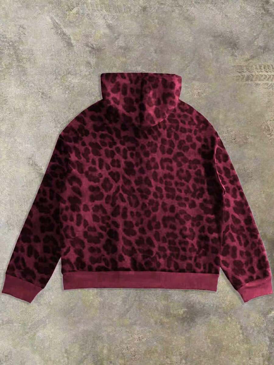 Leopard Print Casual Loose Fit Zip-Up Hoodie