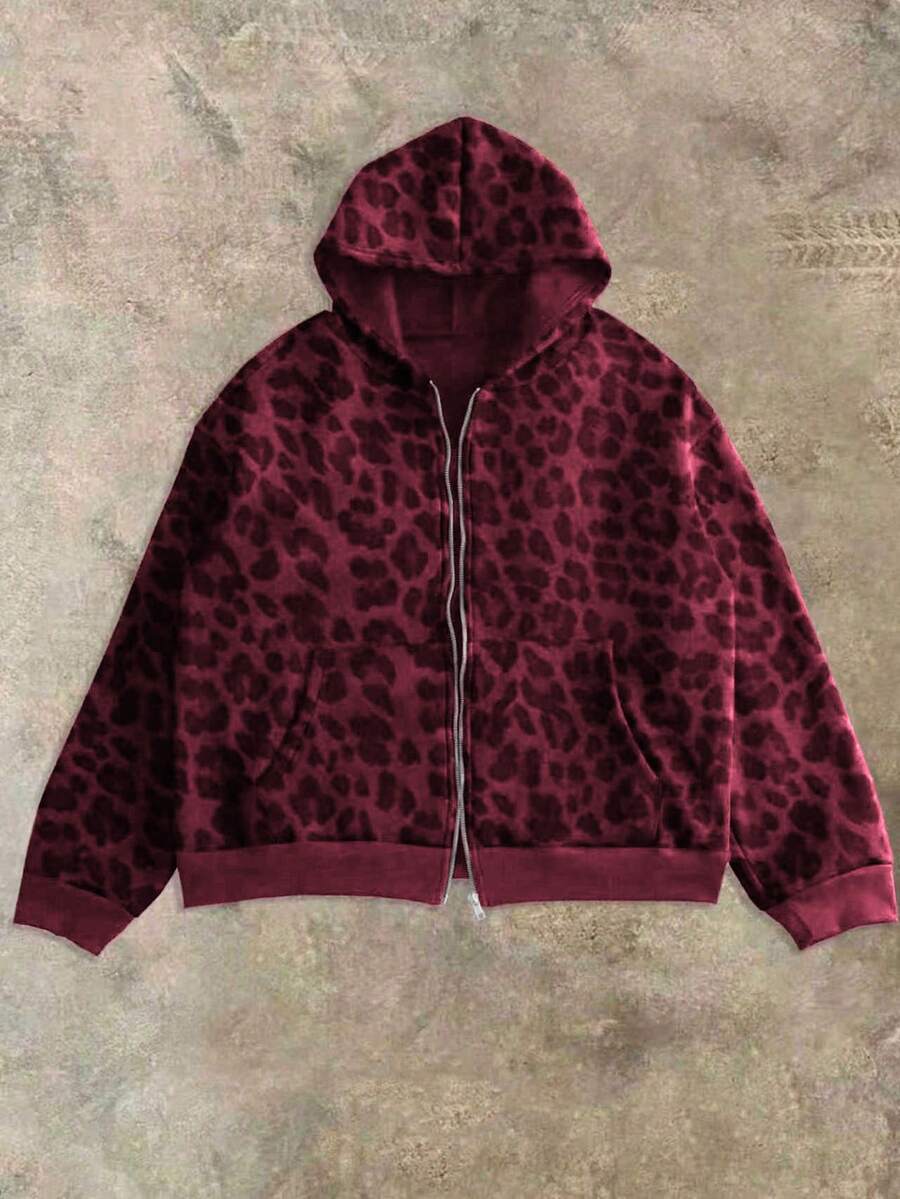 Leopard Print Casual Loose Fit Zip-Up Hoodie