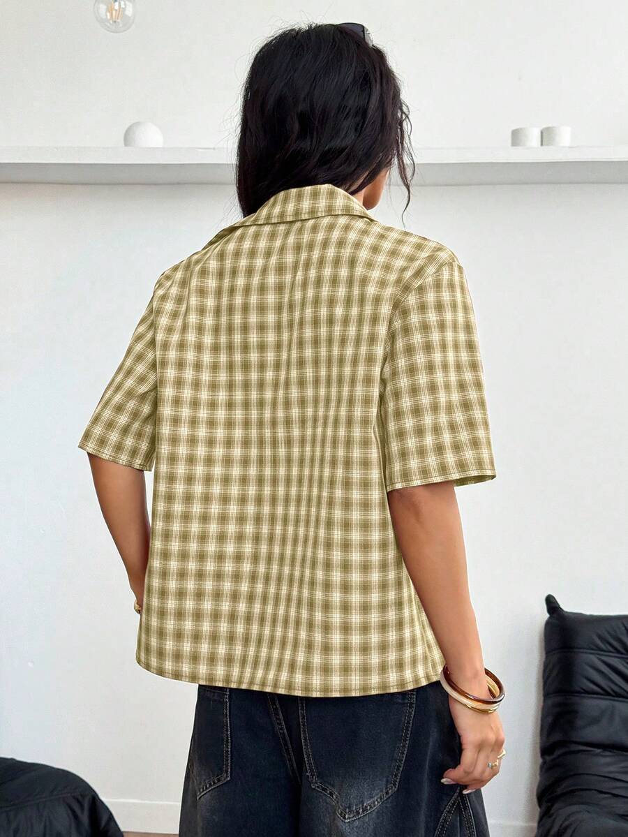 Women Crooped Zip Pocket Short Sleeve Shirt