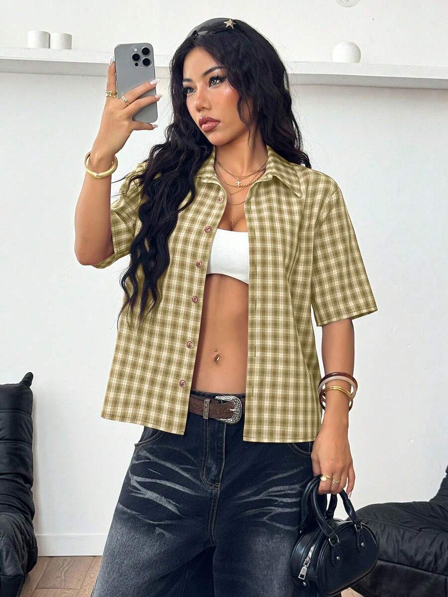 Women Crooped Zip Pocket Short Sleeve Shirt