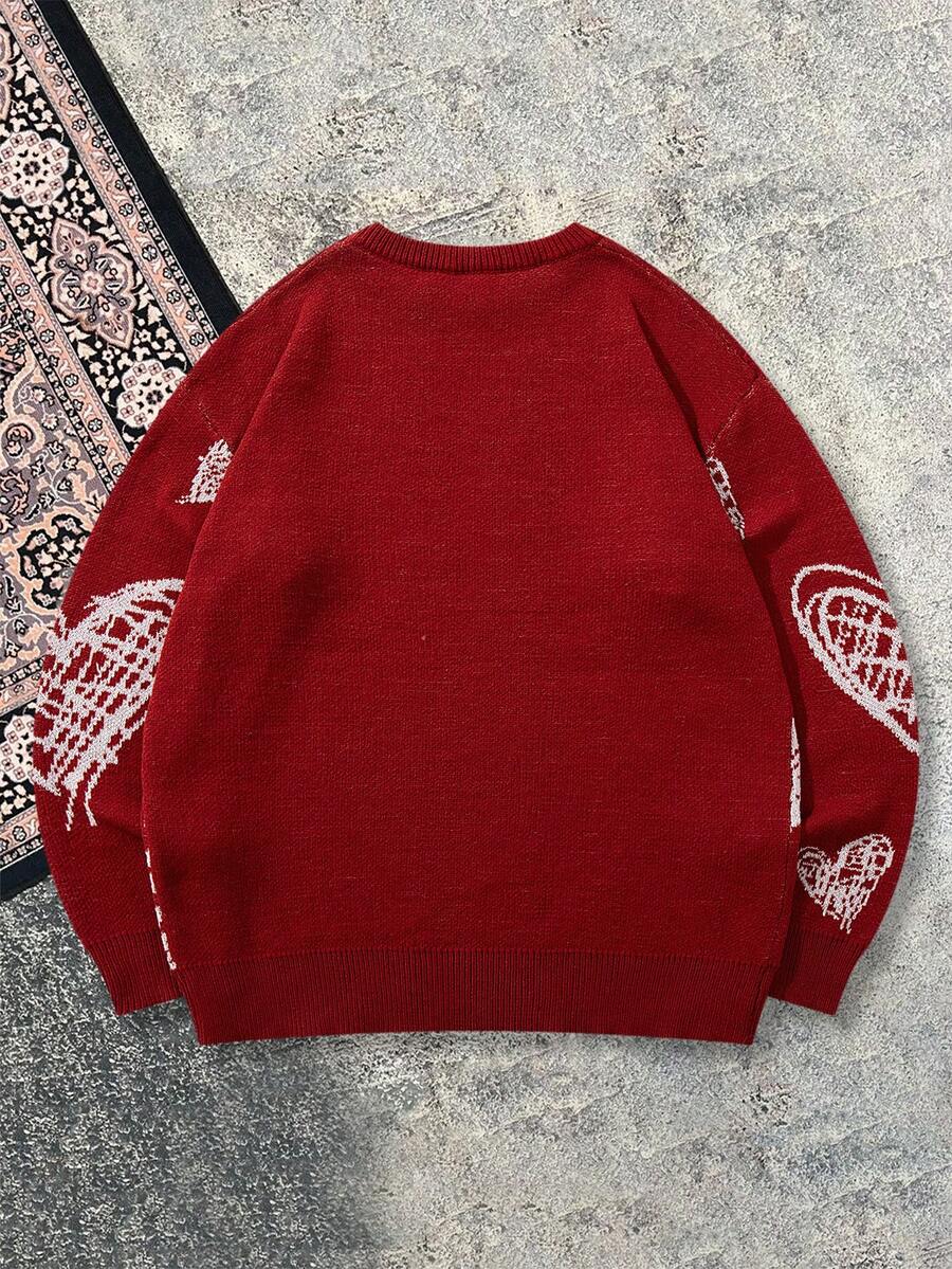 Men's Casual Crew Neck Heart Pattern Knit Sweater