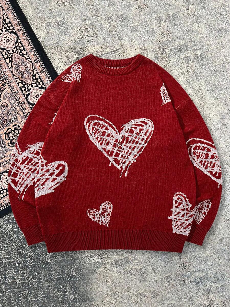 Men's Casual Crew Neck Heart Pattern Knit Sweater