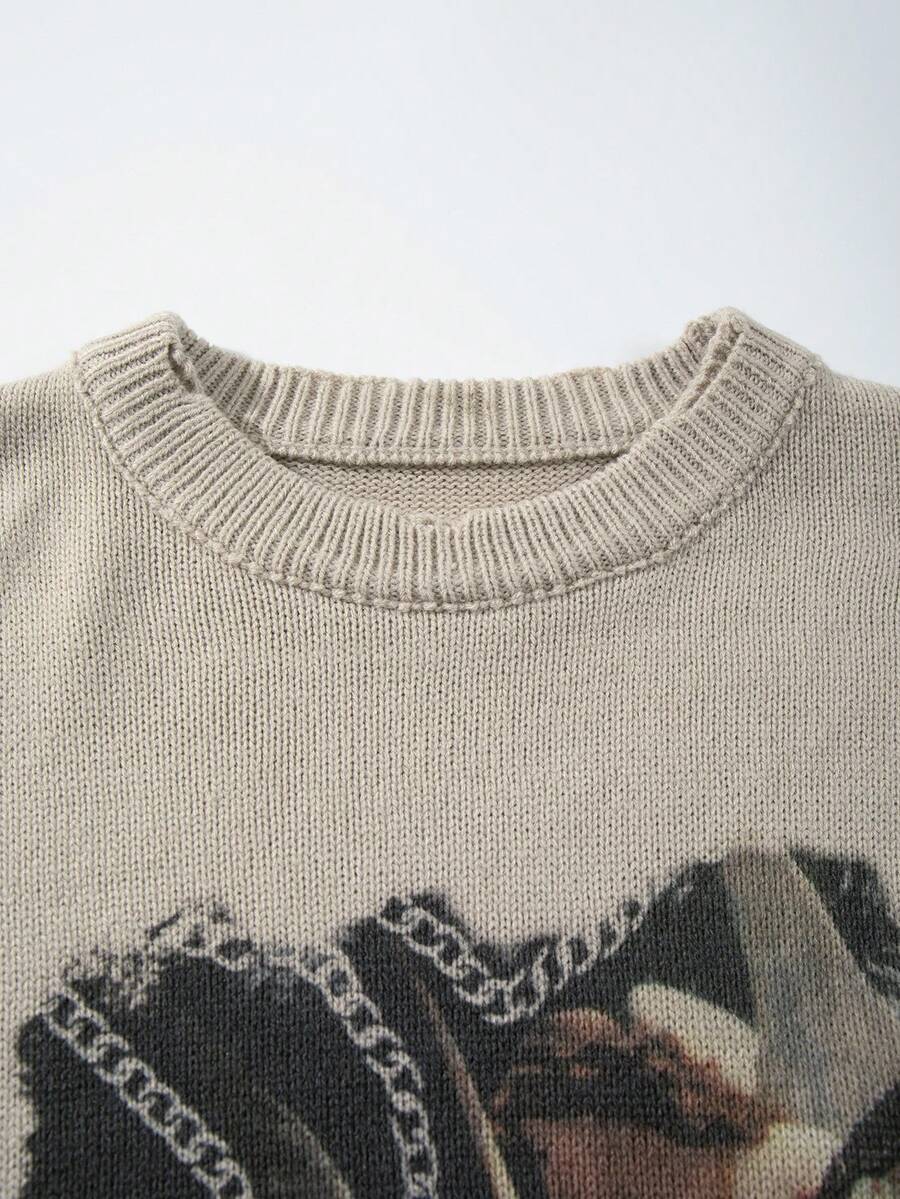 Men's Retro Artistic Oil Painting Style Print Long Sleeve Crew Neck Pullover Knit Sweater