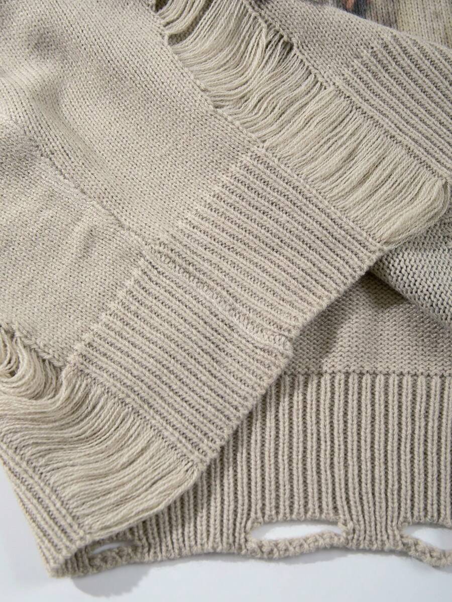 Men's Retro Artistic Oil Painting Style Print Long Sleeve Crew Neck Pullover Knit Sweater