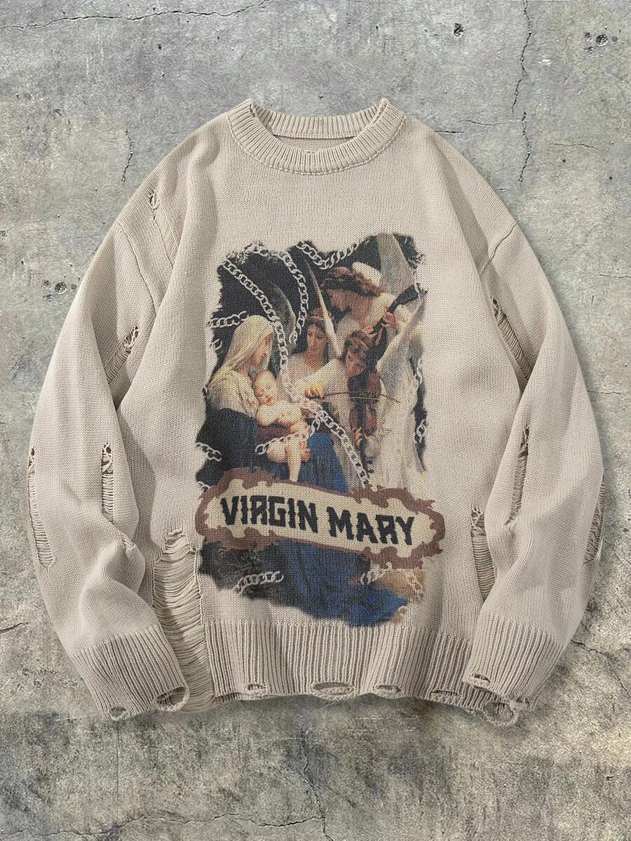 Men's Retro Artistic Oil Painting Style Print Long Sleeve Crew Neck Pullover Knit Sweater