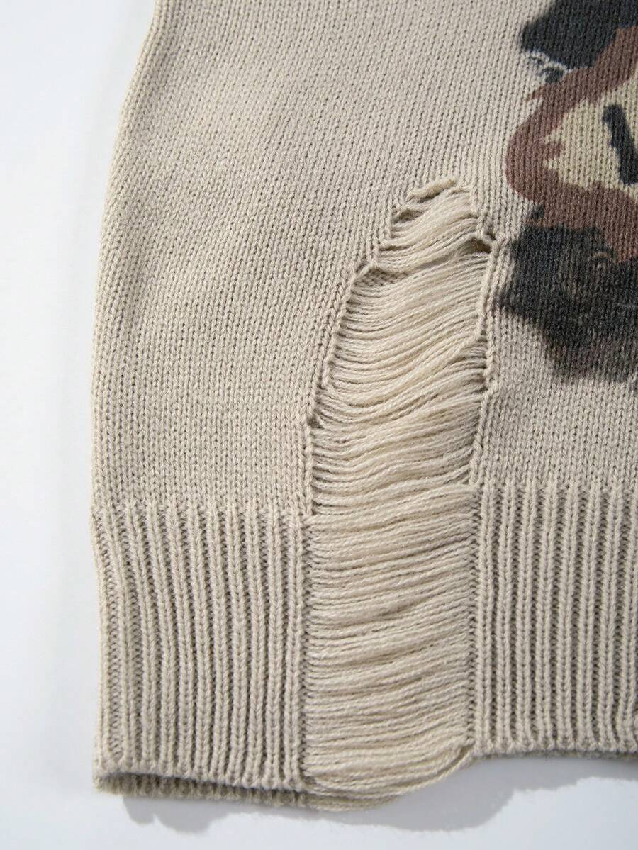 Men's Retro Artistic Oil Painting Style Print Long Sleeve Crew Neck Pullover Knit Sweater