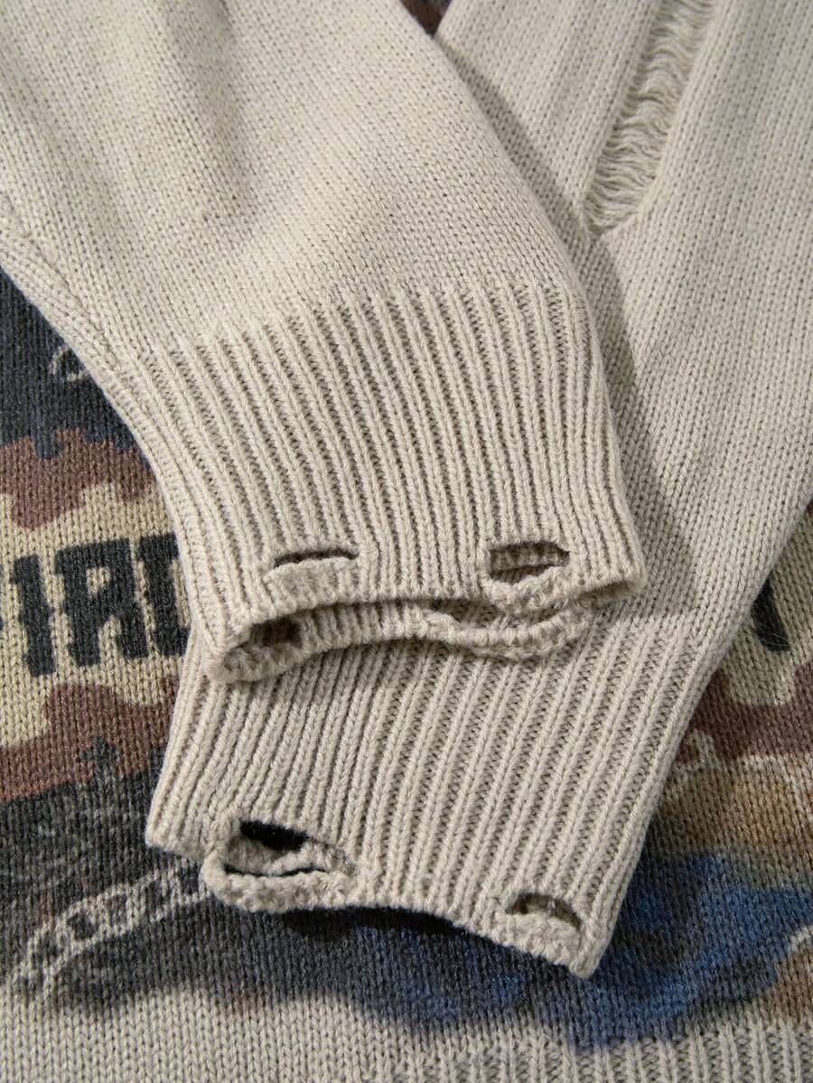 Men's Retro Artistic Oil Painting Style Print Long Sleeve Crew Neck Pullover Knit Sweater