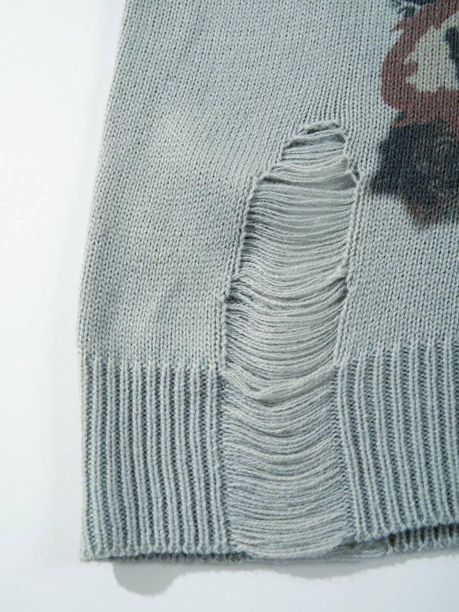 Men's Retro Artistic Oil Painting Style Print Long Sleeve Crew Neck Pullover Knit Sweater