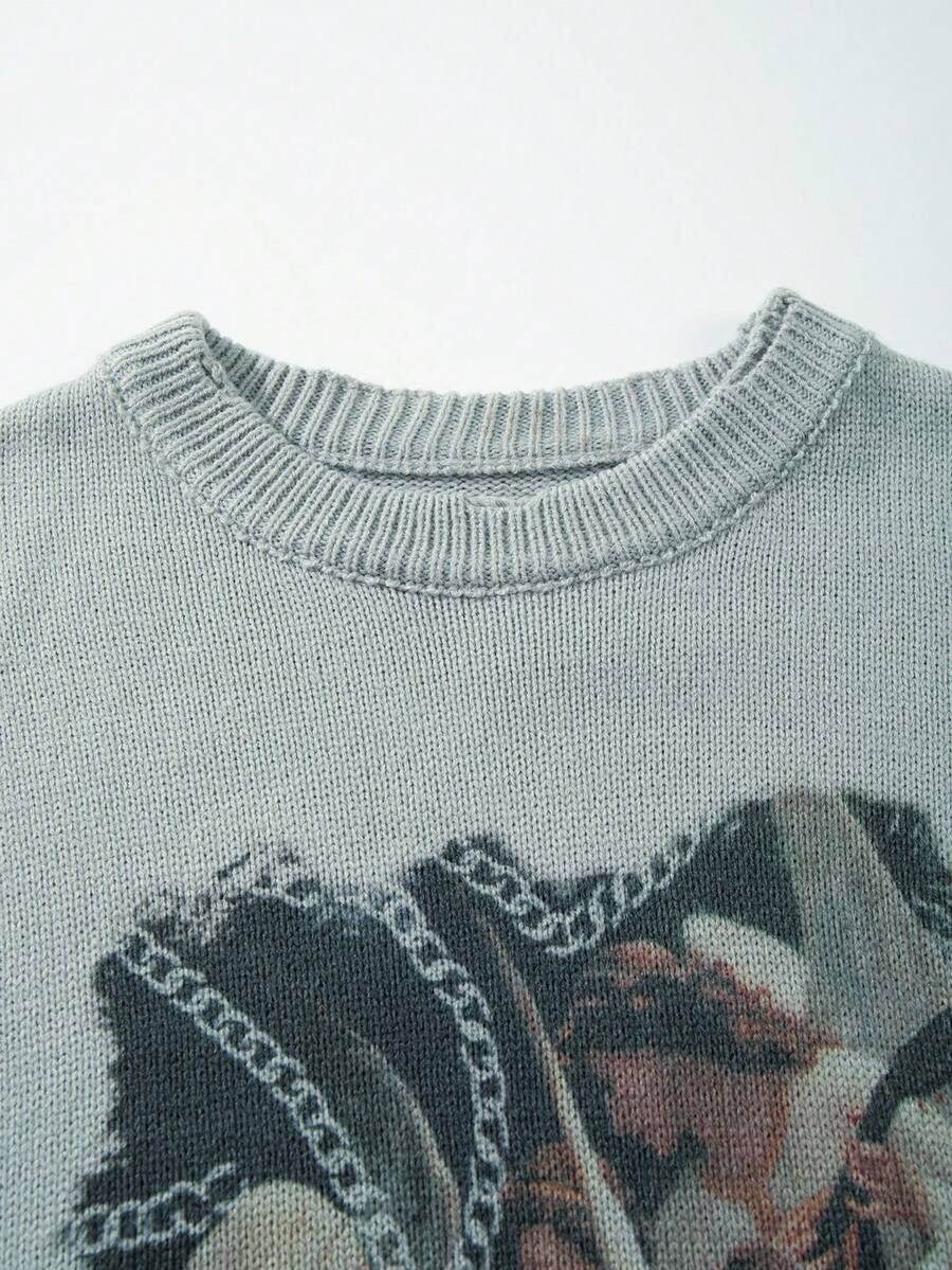 Men's Retro Artistic Oil Painting Style Print Long Sleeve Crew Neck Pullover Knit Sweater