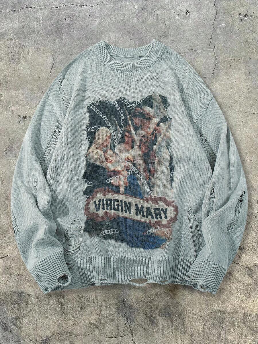 Men's Retro Artistic Oil Painting Style Print Long Sleeve Crew Neck Pullover Knit Sweater