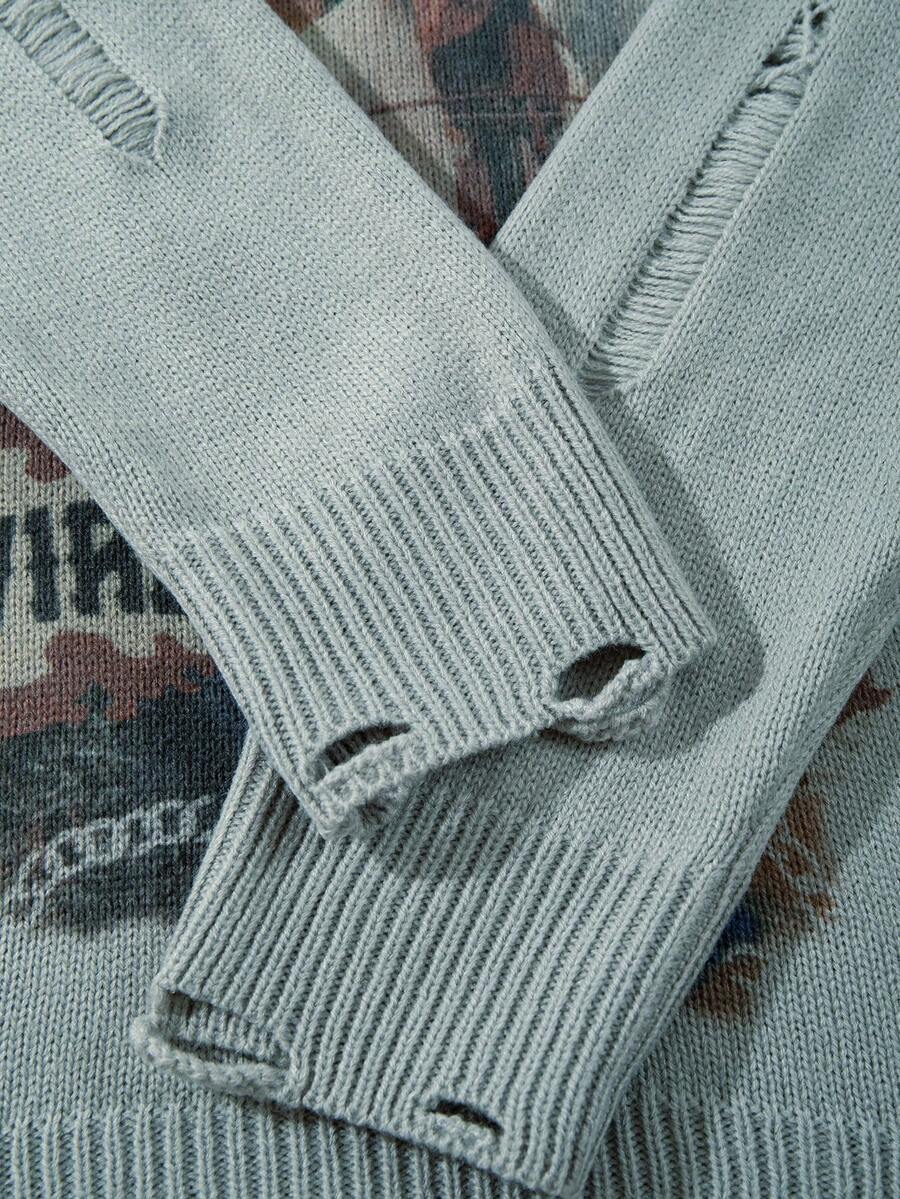 Men's Retro Artistic Oil Painting Style Print Long Sleeve Crew Neck Pullover Knit Sweater