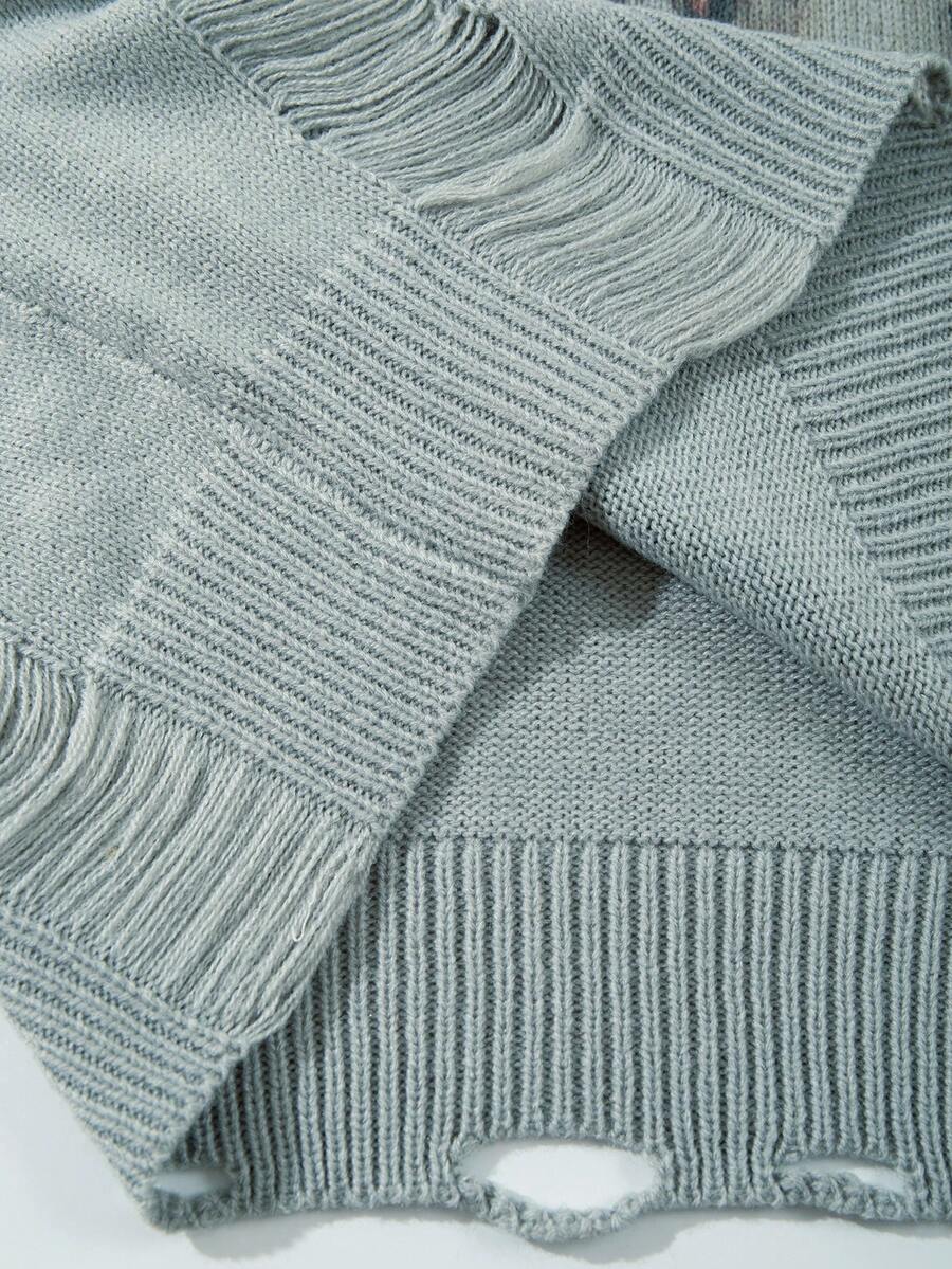 Men's Retro Artistic Oil Painting Style Print Long Sleeve Crew Neck Pullover Knit Sweater