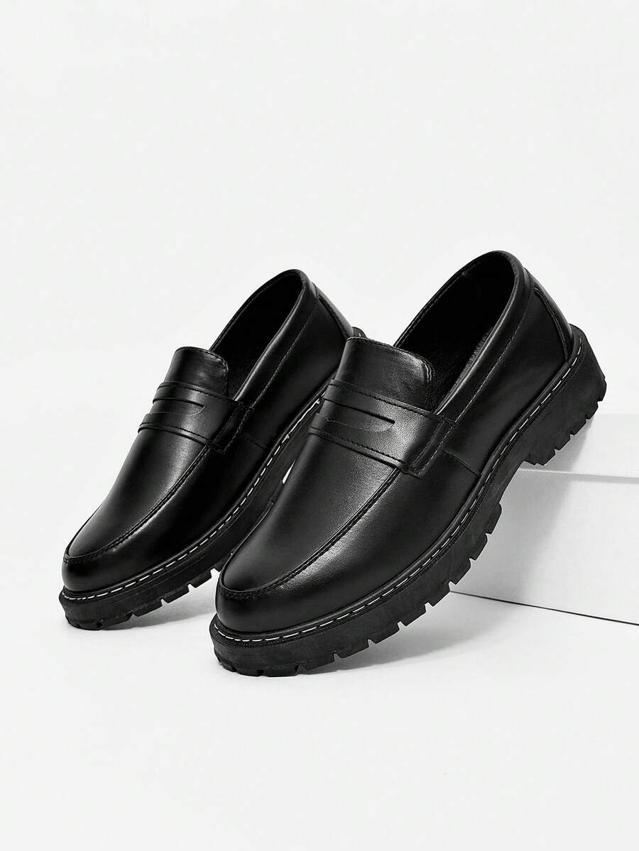 Men's Casual Thick Sole Slip-On Dress Shoes - Solid Black Elevator Dress Shoes, Durable Student Flat, Simple Retro Lightweight Work/Casual Dress Shoes