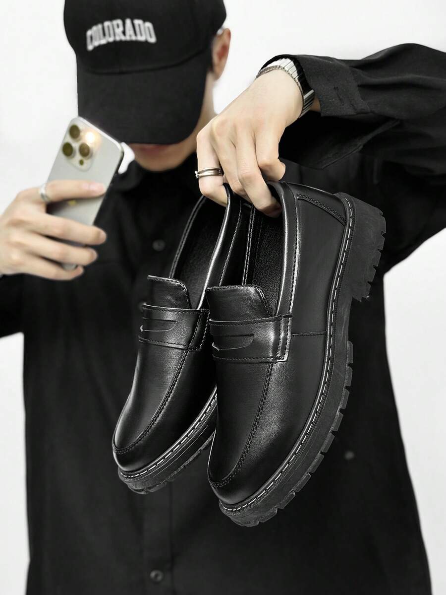 Men's Casual Thick Sole Slip-On Dress Shoes - Solid Black Elevator Dress Shoes, Durable Student Flat, Simple Retro Lightweight Work/Casual Dress Shoes