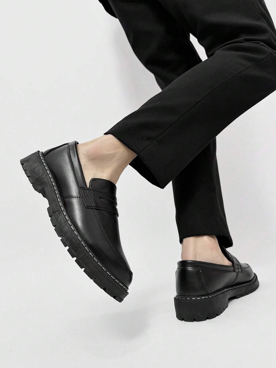 Men's Casual Thick Sole Slip-On Dress Shoes - Solid Black Elevator Dress Shoes, Durable Student Flat, Simple Retro Lightweight Work/Casual Dress Shoes