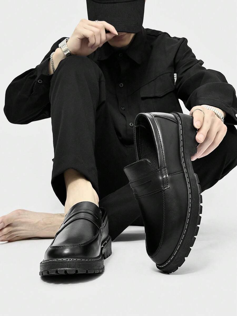 Men's Casual Thick Sole Slip-On Dress Shoes - Solid Black Elevator Dress Shoes, Durable Student Flat, Simple Retro Lightweight Work/Casual Dress Shoes