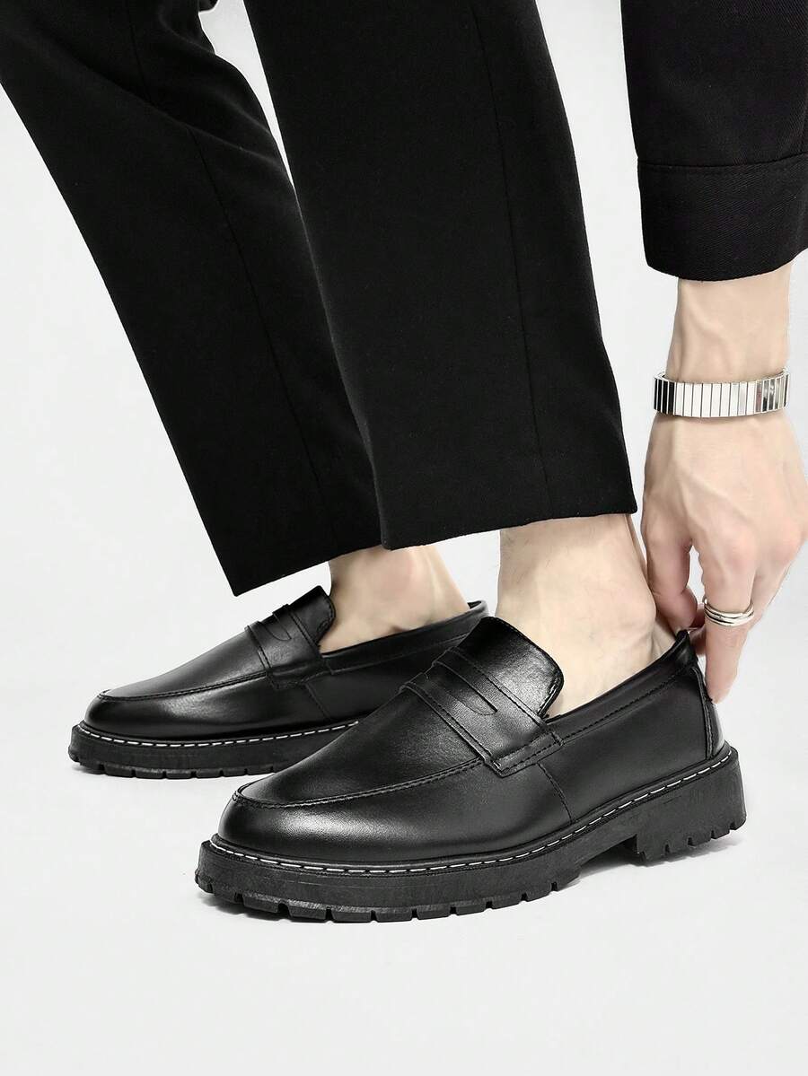 Men's Casual Thick Sole Slip-On Dress Shoes - Solid Black Elevator Dress Shoes, Durable Student Flat, Simple Retro Lightweight Work/Casual Dress Shoes