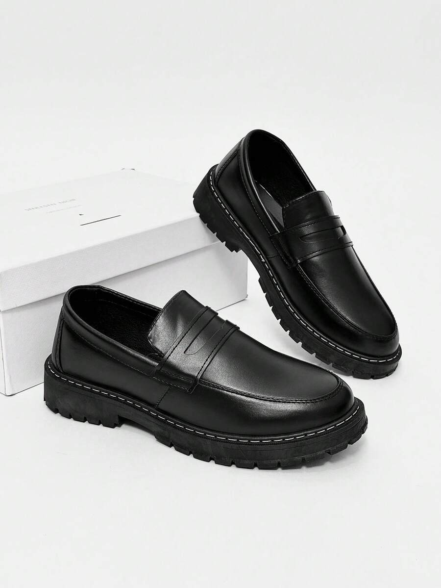 Men's Casual Thick Sole Slip-On Dress Shoes - Solid Black Elevator Dress Shoes, Durable Student Flat, Simple Retro Lightweight Work/Casual Dress Shoes