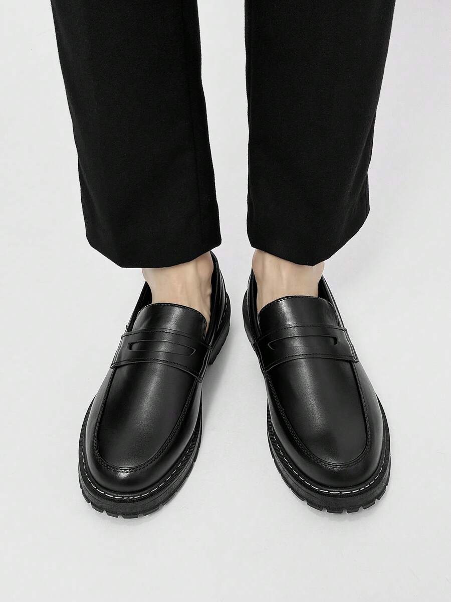 Men's Casual Thick Sole Slip-On Dress Shoes - Solid Black Elevator Dress Shoes, Durable Student Flat, Simple Retro Lightweight Work/Casual Dress Shoes