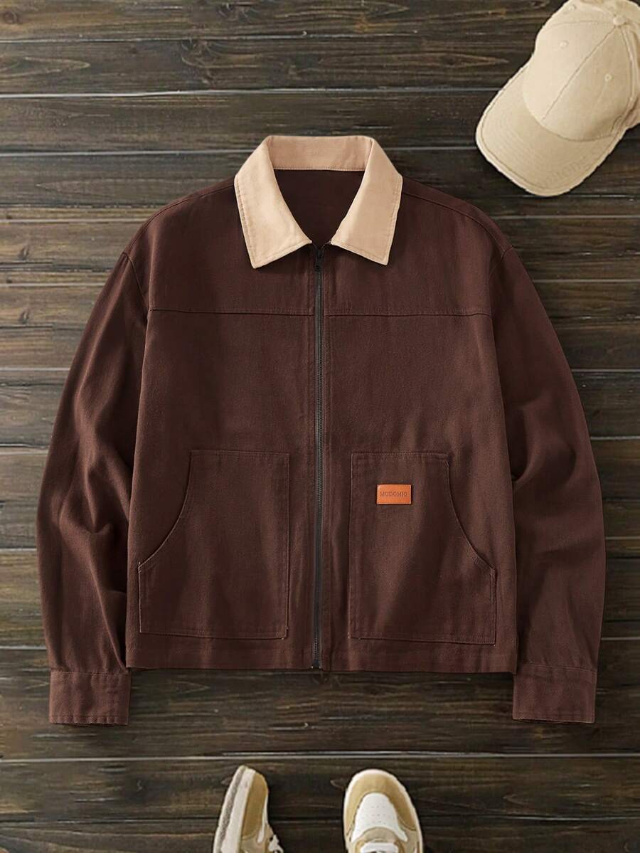 Men's Long Sleeve Casual Woven PU Leather Jacket